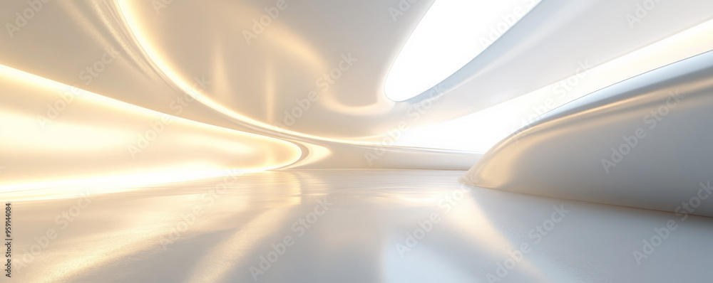 A modern 3D light white background with smooth, reflective surfaces and ...