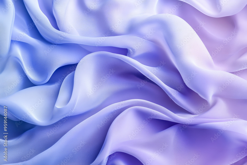 Fototapeta premium A modern abstract background with flowing 3D silk fabric in gradient shades of soft lavender to pale blue. The fabricâ€™s gentle waves create a dreamy, ethereal effect.