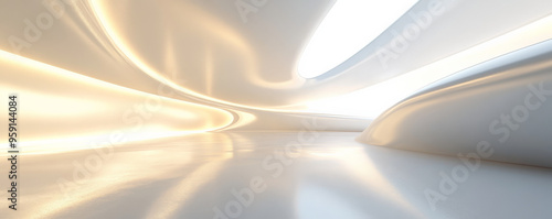 A modern 3D light white background with smooth, reflective surfaces and ambient lighting. The design features a clean, futuristic aesthetic with a gentle shine.