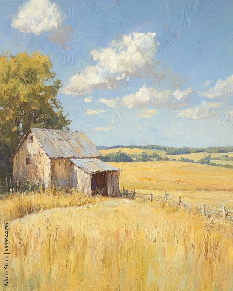 Oil painting depicting a rural farm scene with fields and a rustic structure in a serene setting Oil painting depicting a rural farm scene with fields and a rustic structure in a serene setting