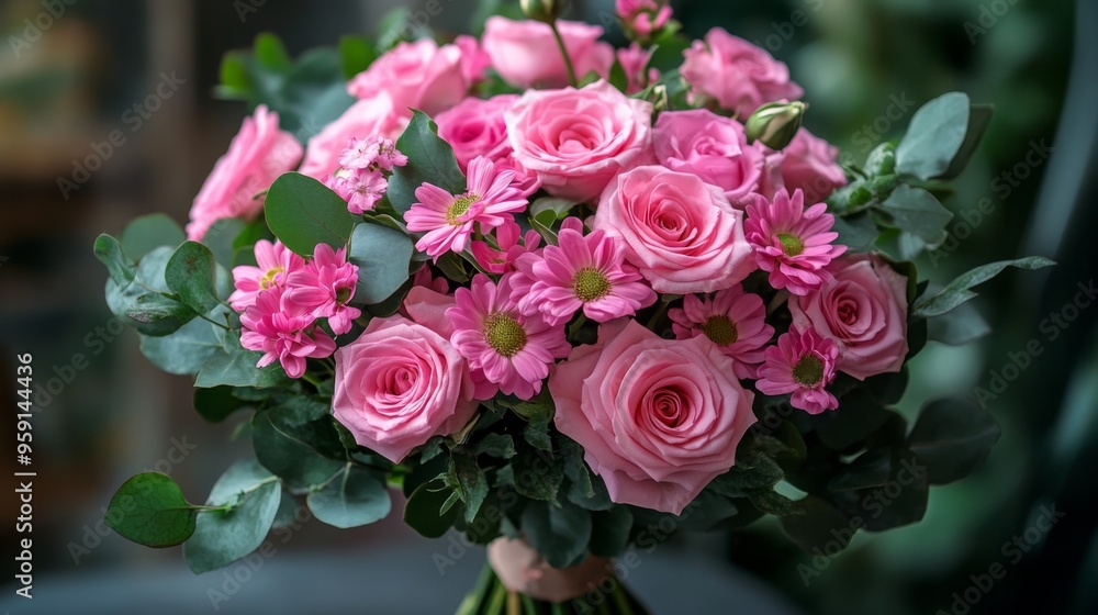 Bouquet of Pink Roses and Daisies