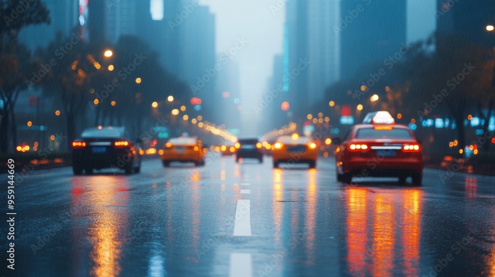 A Rainy Evening on a Bustling City Street: city A Rainy Evening on a Bustling City Street: city