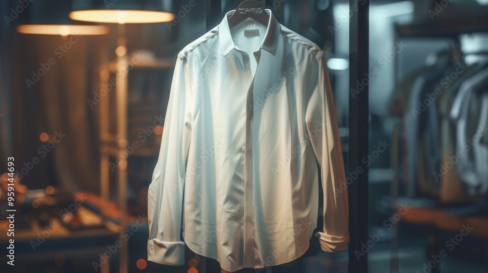 A single white shirt hangs on a clothes rack in a minimalist setting A single white shirt hangs on a clothes rack in a minimalist setting