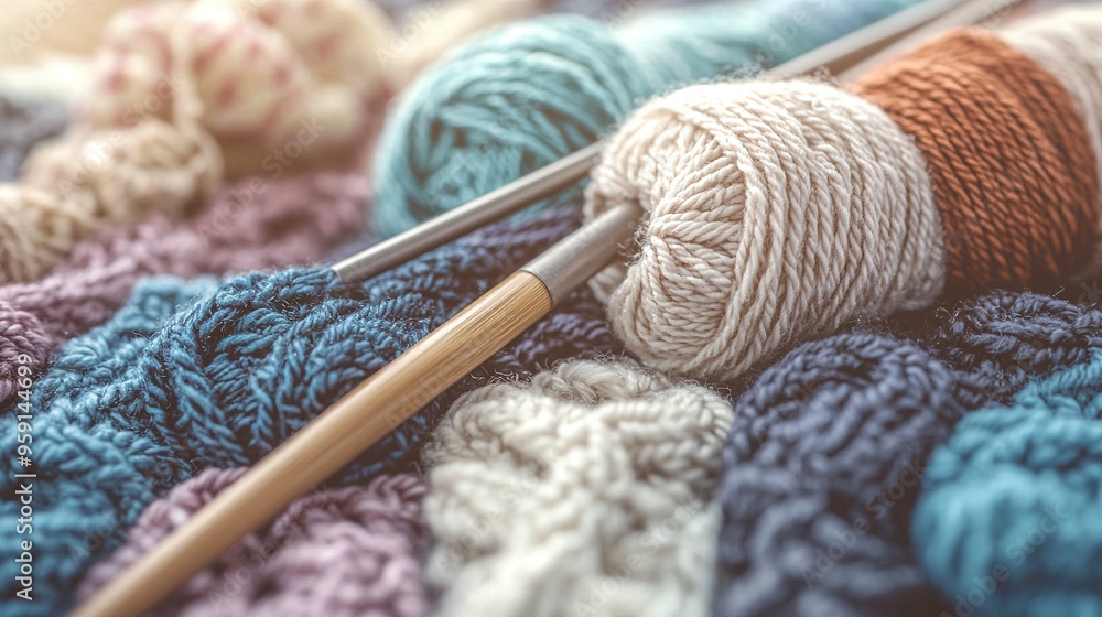Two skeins of yarn on top of each other with a crochet hook and knitting needles nearby Two skeins of yarn on top of each other with a crochet hook and knitting needles nearby