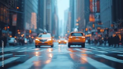 New York City Street with Yellow Taxis in Rain