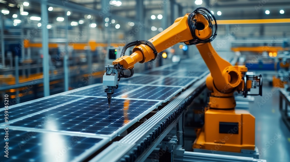 Robotic arm working on solar panel manufacturing in modern factory Robotic arm working on solar panel manufacturing in modern factory