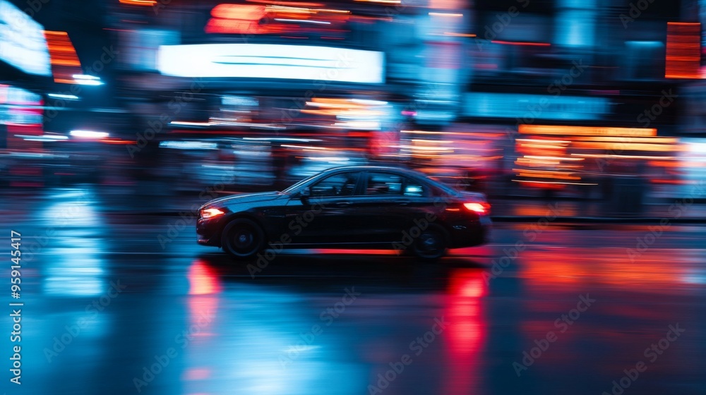 Car driving through neon-lit city Car driving through neon-lit city