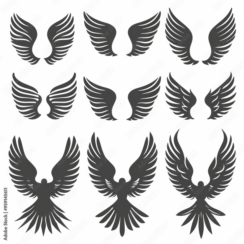 Wings flat icon, angel wings emblem, bird feathers minimal silhouette, pigeon sign, spirituality symbol Wings flat icon, angel wings emblem, bird feathers minimal silhouette, pigeon sign, spirituality symbol