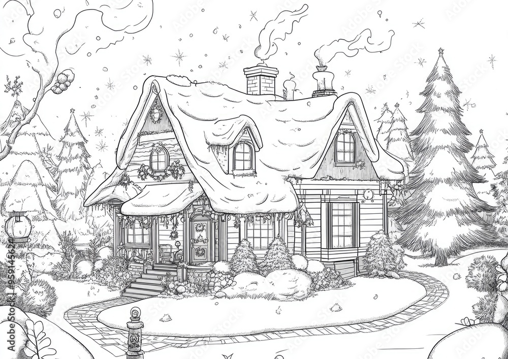 Line art illustration of a cozy house featuring Christmas and steampunk designs Line art illustration of a cozy house featuring Christmas and steampunk designs