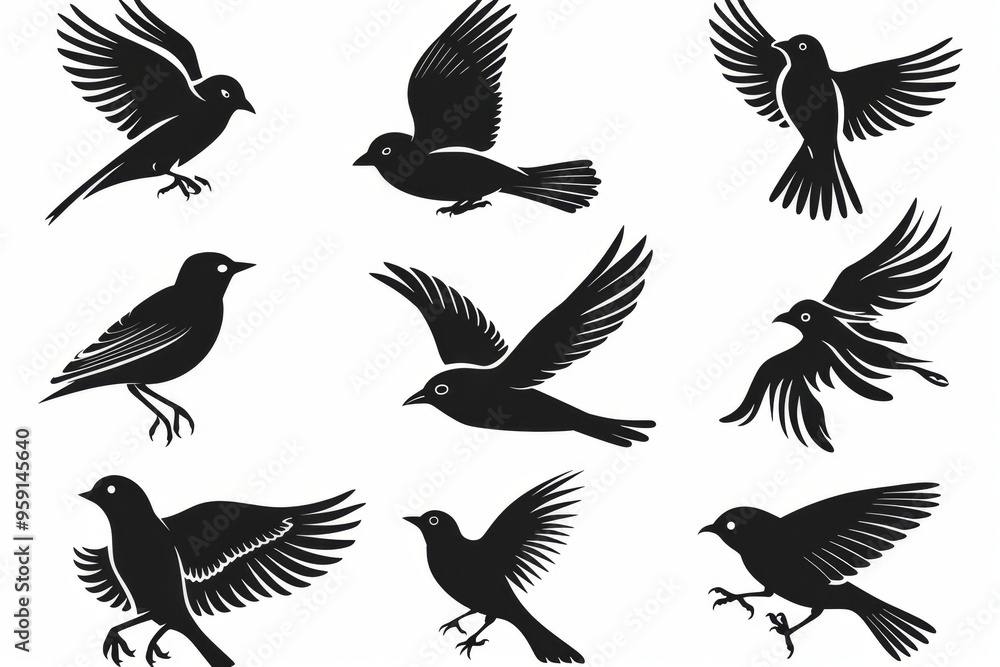 Obraz premium Bird icon set, black and white sparrow symbols, bird sign collection, wild animal pictograms on white