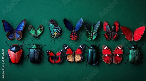   Colorful bugs perch on green walls against green background