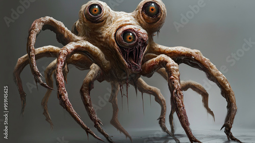 A mutated creature with multiple eyes and twisted limbs, character design, concept art, video games