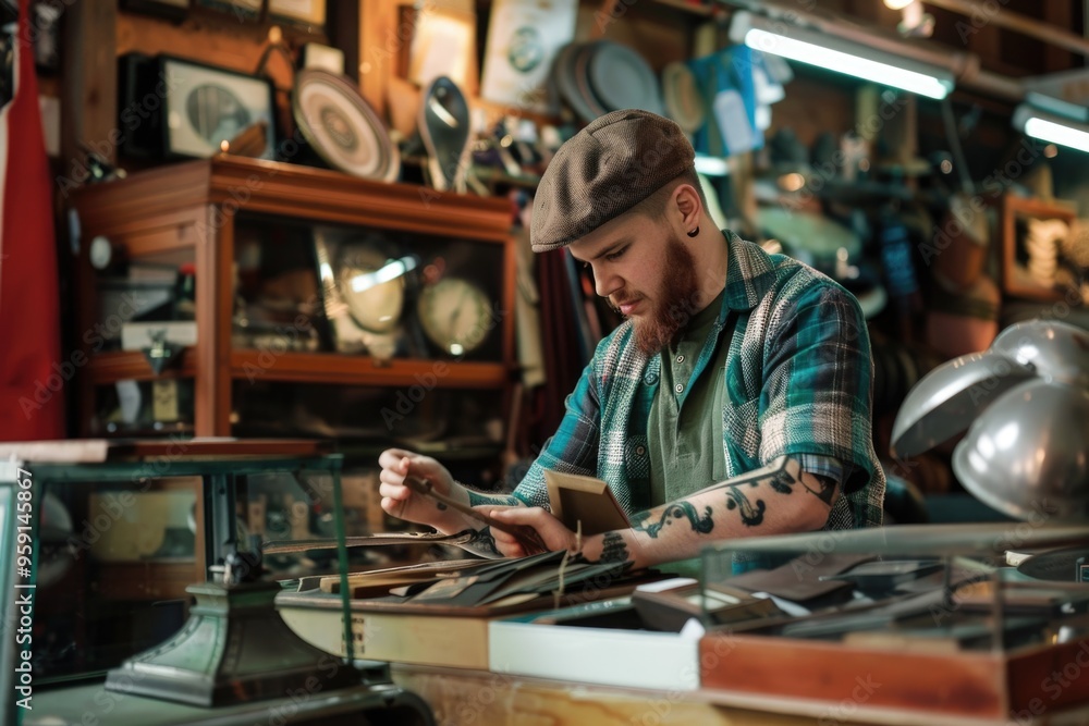 A person works on a wooden object in a workshop setting A person works on a wooden object in a workshop setting