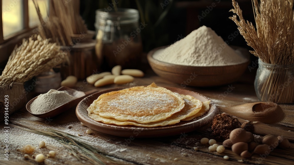 Oil painting depicting a delicious and healthy traditional breakfast featuring thin pancakes made from rice flour displayed on a wooden table Oil painting depicting a delicious and healthy traditional breakfast featuring thin pancakes made from rice flour displayed on a wooden table