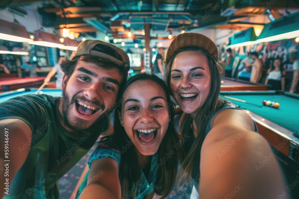 A group of friends laughing and having fun together while playing at a pool table A group of friends laughing and having fun together while playing at a pool table