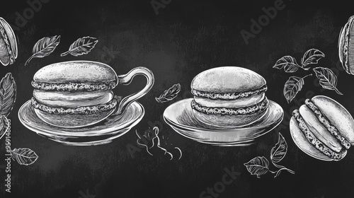 Line art illustration of a doodle style sketch featuring macaroons perfect for fresh bakery themes related to coffee or tea Ideal for cafe menus flyers and chalkboard designs photo