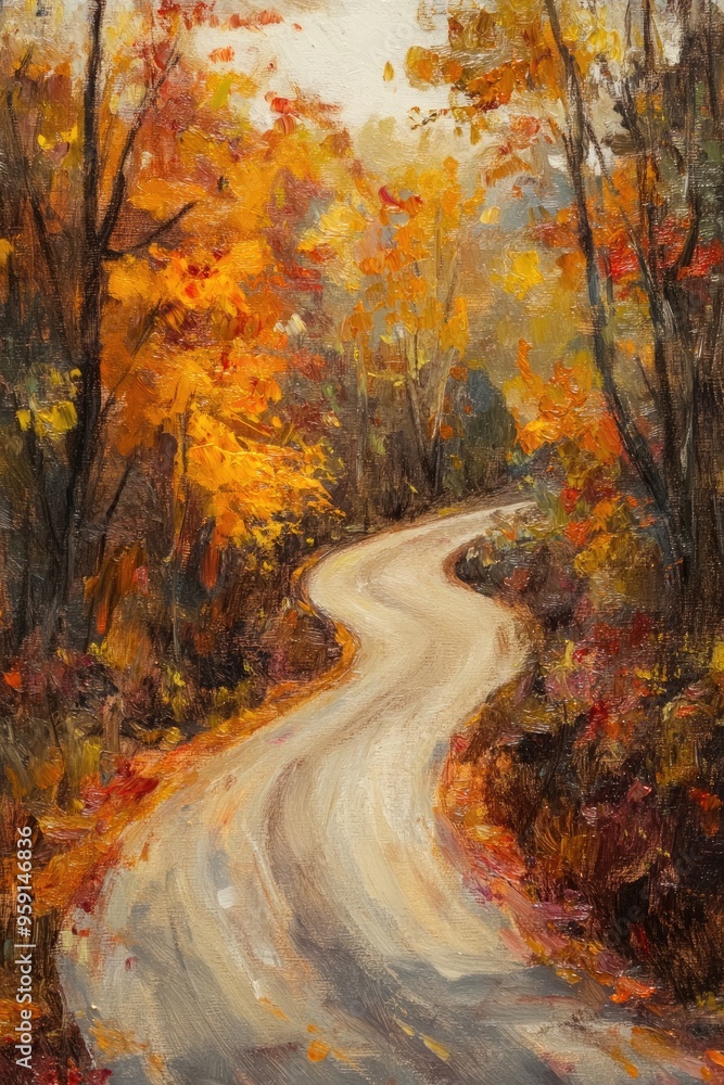 Oil painting depicting a winding asphalt road surrounded by vibrant autumn foliage in a serene landscape Oil painting depicting a winding asphalt road surrounded by vibrant autumn foliage in a serene landscape