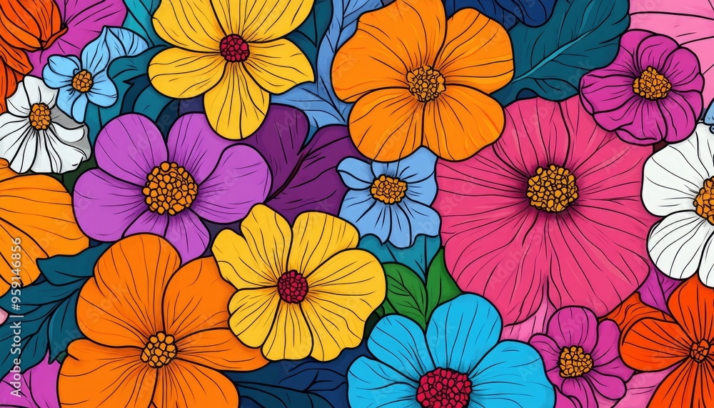 Line art illustration featuring a floral background pattern in vibrant colors Line art illustration featuring a floral background pattern in vibrant colors