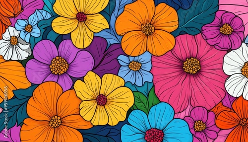 Line art illustration featuring a floral background pattern in vibrant colors