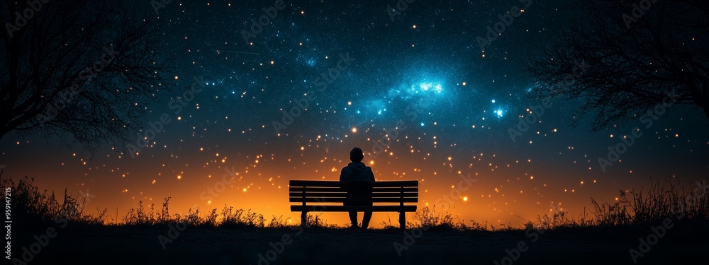 A solitary figure sitting on a park bench gazing at a starry night sky filled with glowing stars over a quiet landscape A solitary figure sitting on a park bench gazing at a starry night sky filled with glowing stars over a quiet landscape