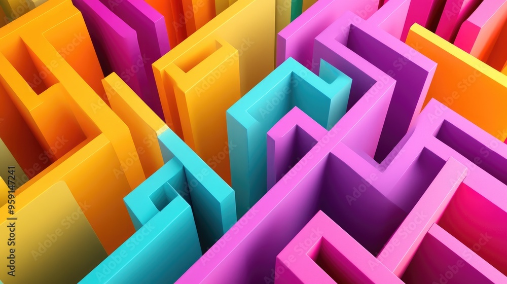 Abstract folded paper maze in vibrant colors, rendered in 3D on a white background, creating a visually dynamic effect Abstract folded paper maze in vibrant colors, rendered in 3D on a white background, creating a visually dynamic effect