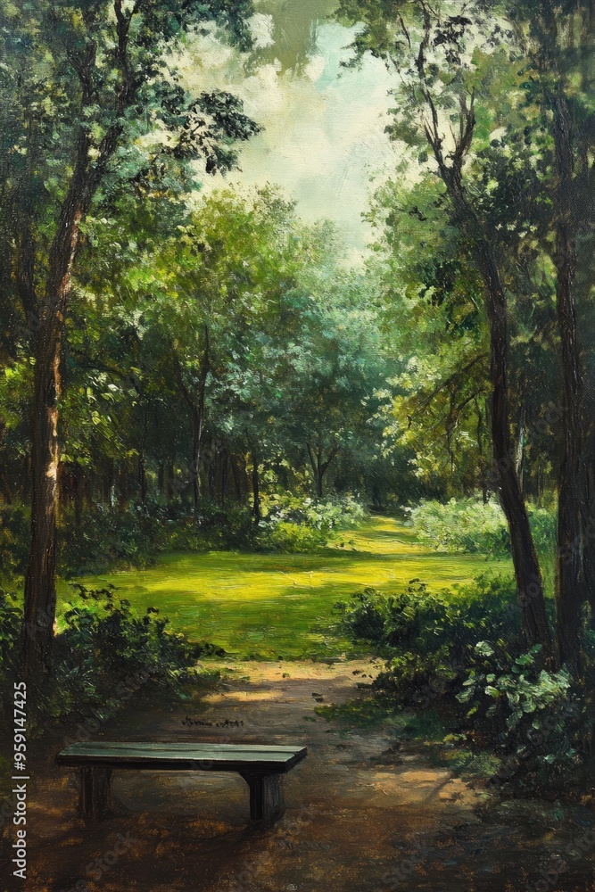 Oil painting depicting a serene park landscape with lush greenery and tranquil atmosphere Oil painting depicting a serene park landscape with lush greenery and tranquil atmosphere