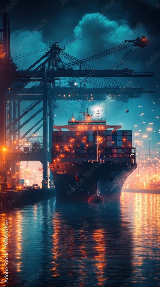 Obraz premium A cargo ship is being loaded with containers at night, surrounded by towering cranes and bright port lights