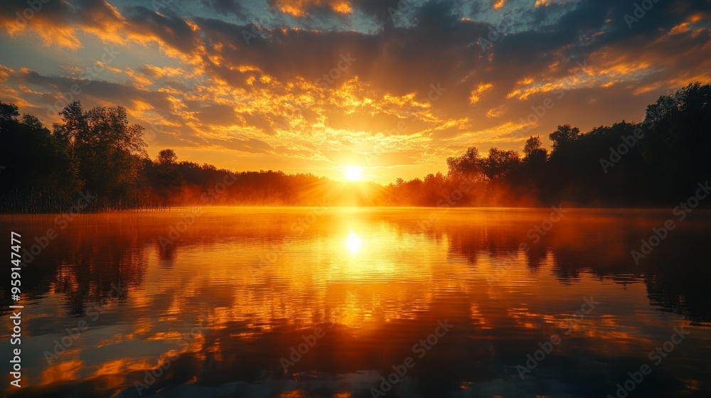 Sunset Over Serene Lake with Reflective Water Sunset Over Serene Lake with Reflective Water