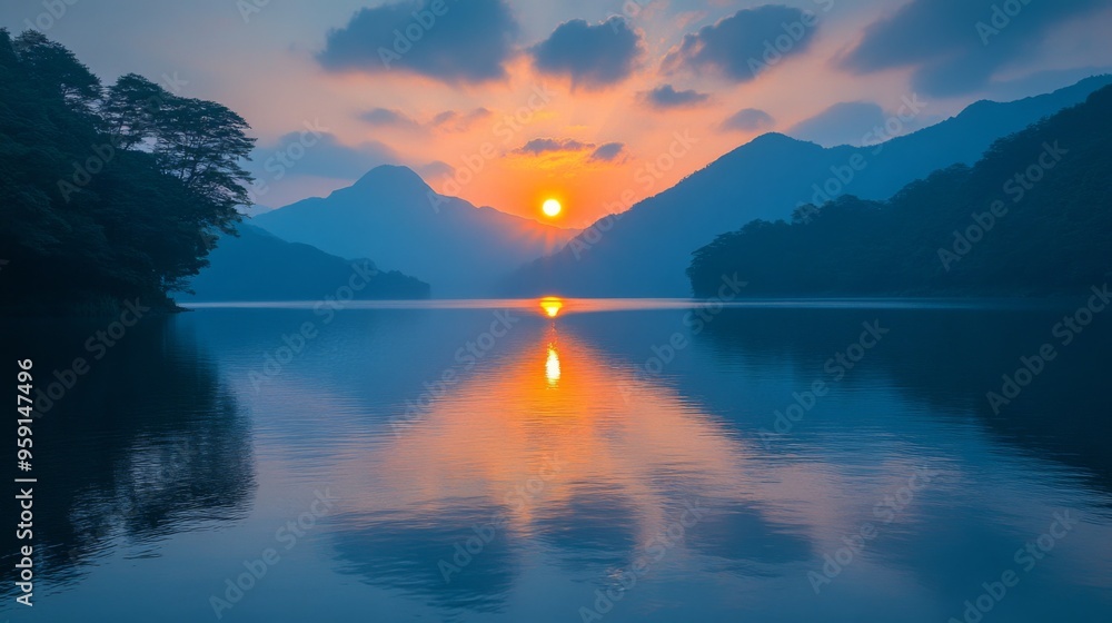 Fototapeta premium Peaceful sunrise over mountain lake