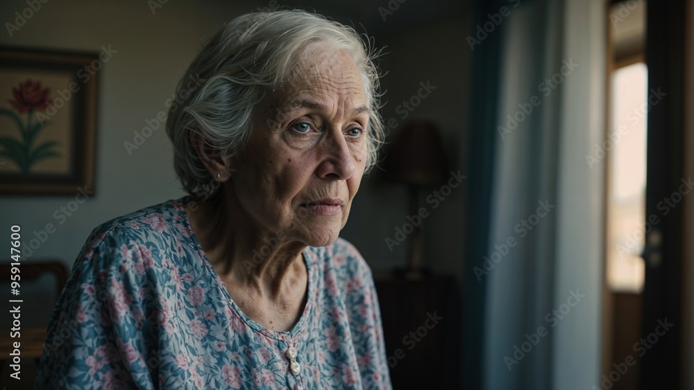 An elderly woman with gray hair, melancholic expression and empty look. An elderly woman with gray hair, melancholic expression and empty look.