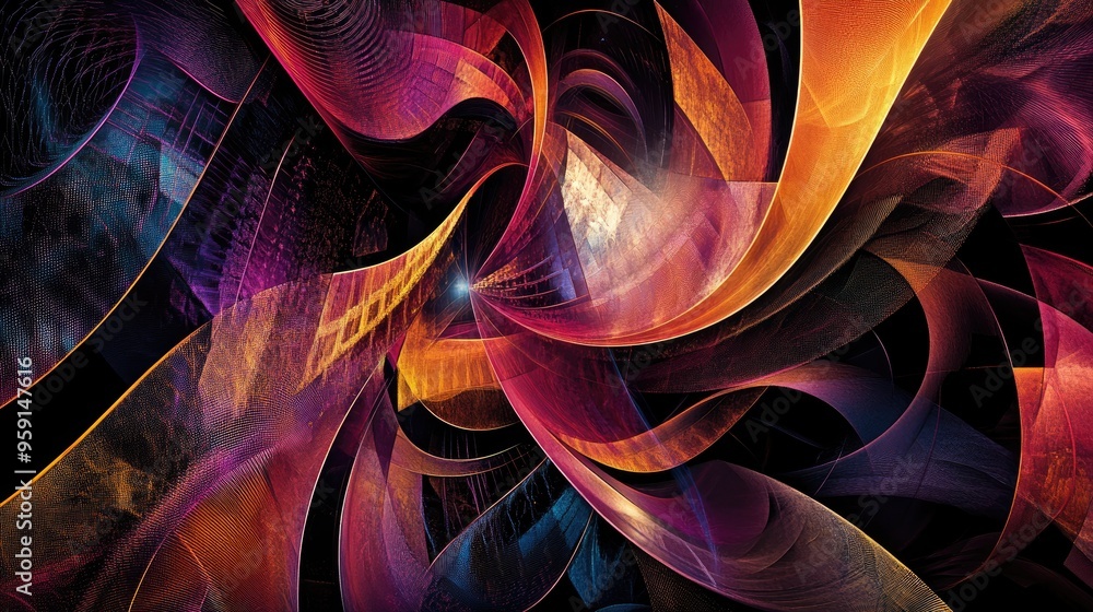 Obraz premium Dynamic color geometric pattern featuring abstract shapes, swirling curves, and intricate lines on a modern futuristic background