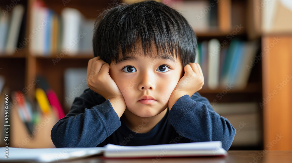 sad looking asian schoolboy while doing homework sad looking asian schoolboy while doing homework