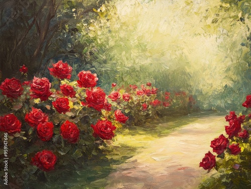 Fototapeta Naklejka Na Ścianę i Meble -  Oil painting showcasing vibrant red rose bushes in a lush setting