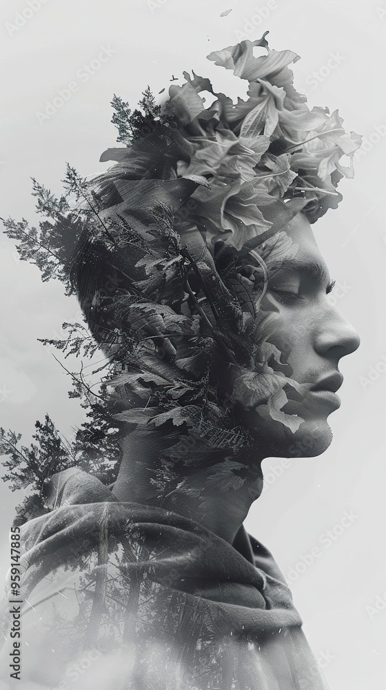 Man with nature growing from his head in black and white. Man with nature growing from his head in black and white.