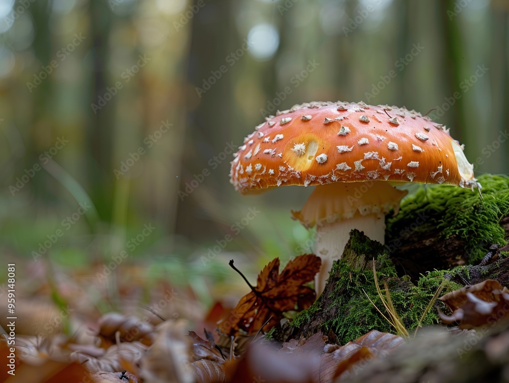 A single red and white spotted mushroom grows on moss in a forest, surrounded by dry leaves. A single red and white spotted mushroom grows on moss in a forest, surrounded by dry leaves.