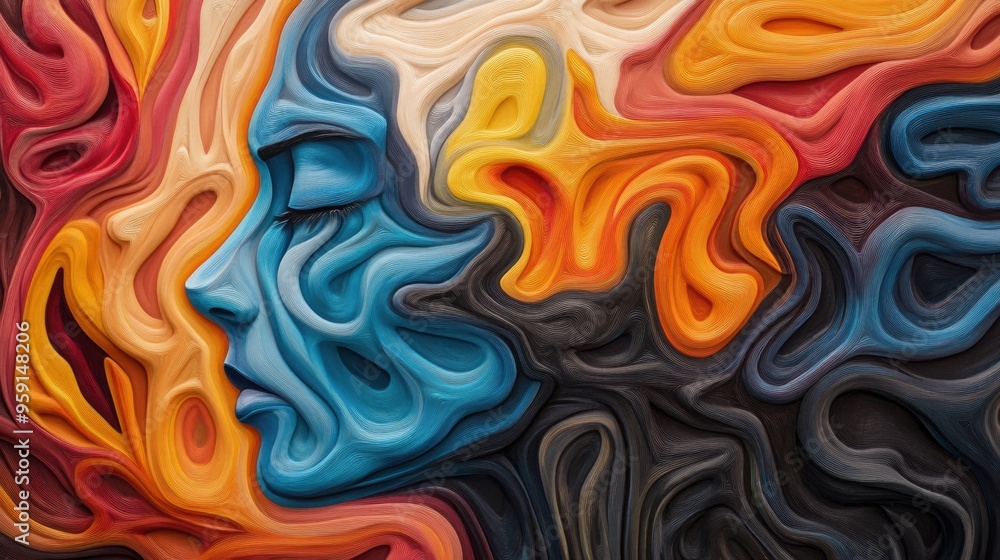 A painting of a woman's face with swirls and colors, AI A painting of a woman's face with swirls and colors, AI