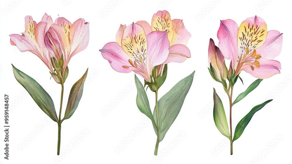 Fototapeta premium Elegant Watercolor Floral Trio: Delicate Pink Petals and Lush Green Leaves