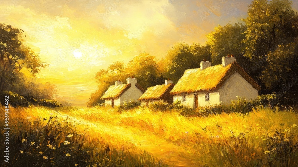 Oil painting depicting a stunning summer sunrise with traditional turf top houses in a picturesque countryside setting Ideal for travel and nature themes Oil painting depicting a stunning summer sunrise with traditional turf top houses in a picturesque countryside setting Ideal for travel and nature themes