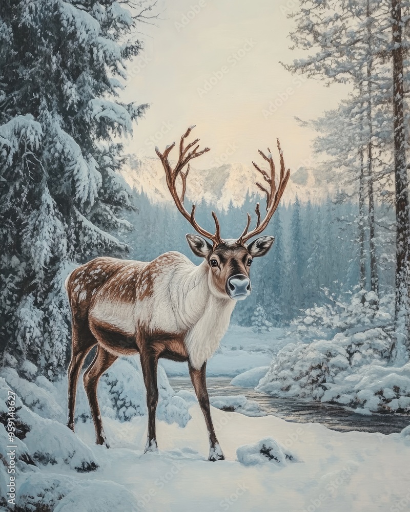 Oil painting depicting a stunning reindeer in a snowy winter scene showcasing the beauty of wildlife and serene winter landscapes Oil painting depicting a stunning reindeer in a snowy winter scene showcasing the beauty of wildlife and serene winter landscapes