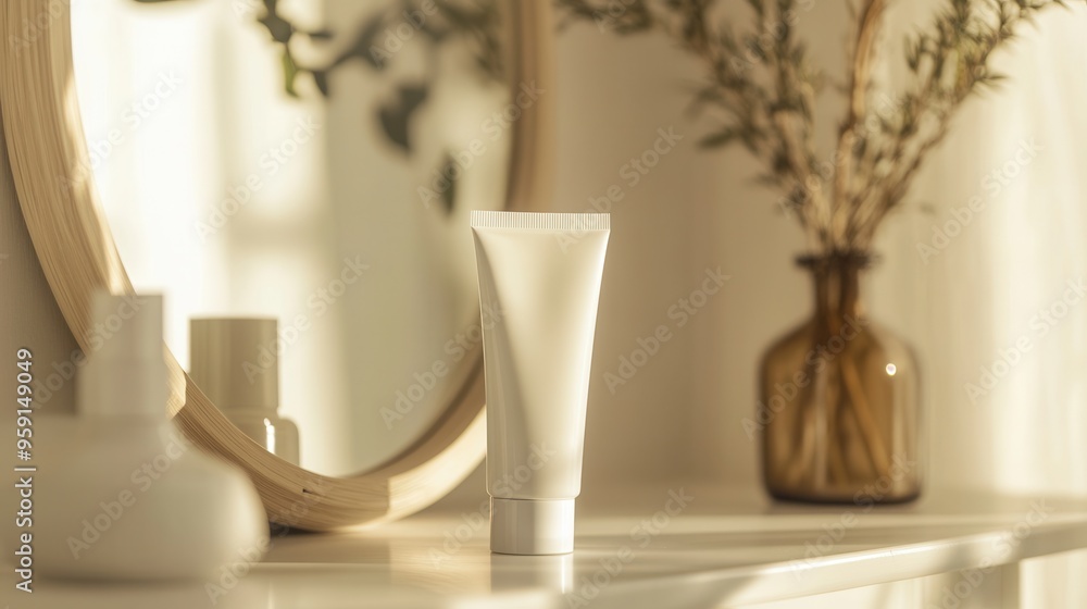 A tube of cream sits prominently on a shelf, beautifully reflected in a mirror, surrounded by a warm and inviting atmosphere. Generative AI A tube of cream sits prominently on a shelf, beautifully reflected in a mirror, surrounded by a warm and inviting atmosphere. Generative AI