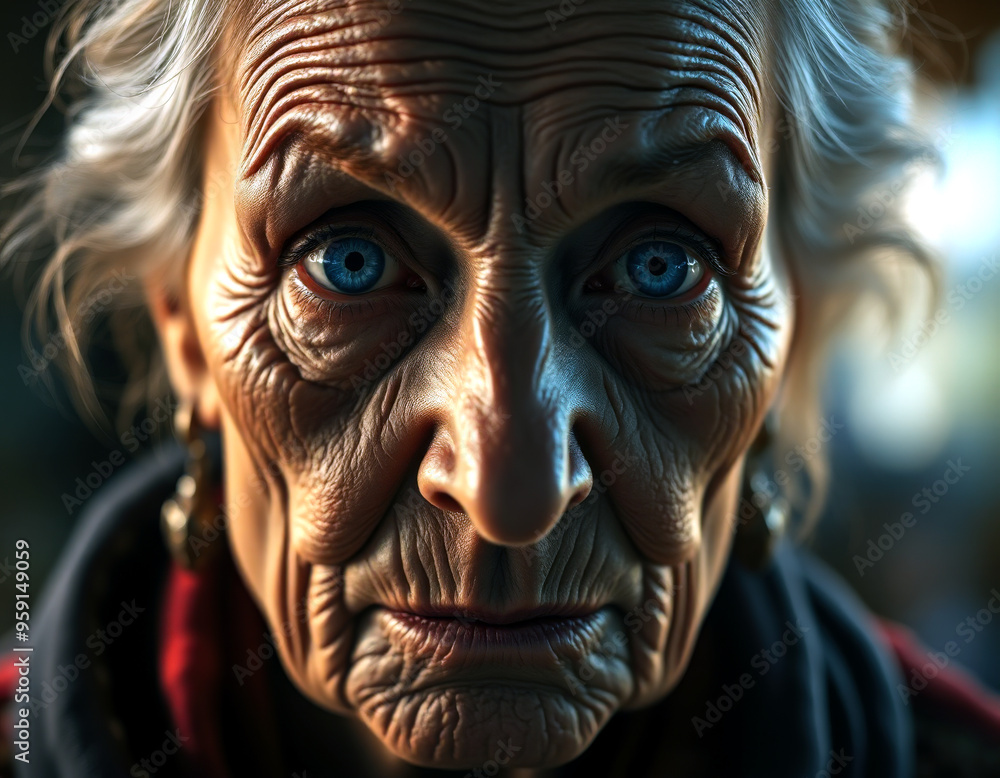Une dame âgée au regard perçant et effrayant, ses yeux semblant percer l’âme, créant une atmosphère à la fois intrigante et inquiétante. Une dame âgée au regard perçant et effrayant, ses yeux semblant percer l’âme, créant une atmosphère à la fois intrigante et inquiétante.