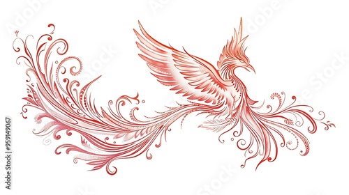 Fantasy phoenix bird line illustration isolated on solid white background. 32k, full ultra HD, high resolution