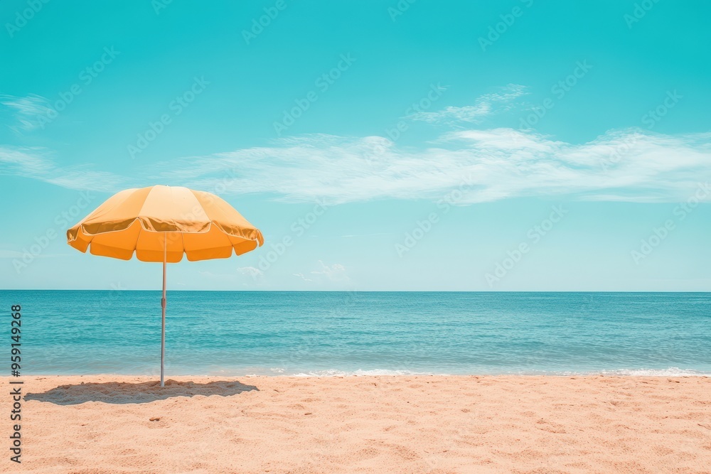 A yellow umbrella is on the beach next to the ocean, generative ai image A yellow umbrella is on the beach next to the ocean, generative ai image