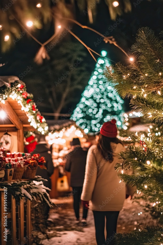 Woman Strolling Through a Festive Christmas Market at Night Woman Strolling Through a Festive Christmas Market at Night