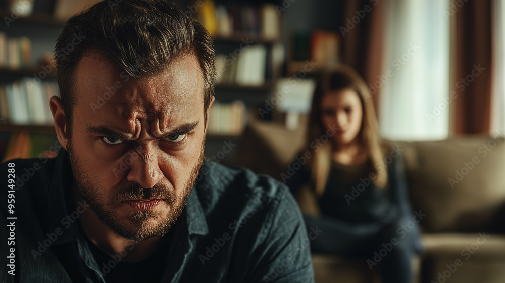 Man angrily scowls and yells at a woman seated on the couch in the background Man angrily scowls and yells at a woman seated on the couch in the background