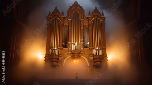 Majestic pipe organ softly illuminated a dark misty haze