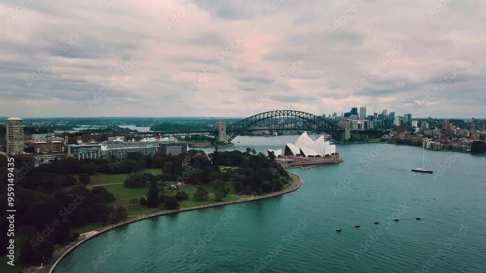 Panorama Of Opera House And Sydney Harbour Bridge In Sydney, New South Wales, Australia. Aerial Drone Shot Panorama Of Opera House And Sydney Harbour Bridge In Sydney, New South Wales, Australia. Aerial Drone Shot