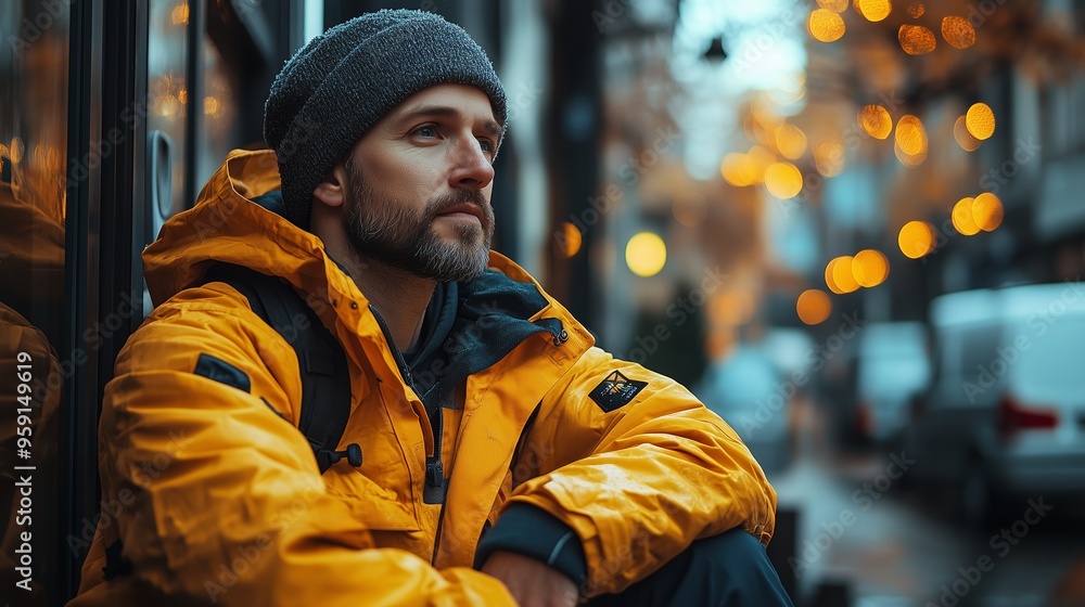 Man in a yellow jacket resting on a city street during autumn with warm lights glowing in the background Man in a yellow jacket resting on a city street during autumn with warm lights glowing in the background