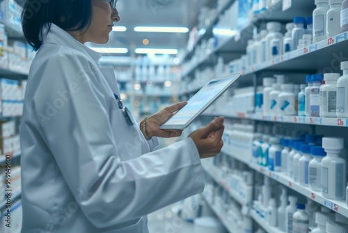 Pharmaceutical inventory management with digital tablet, pharmacy tech.