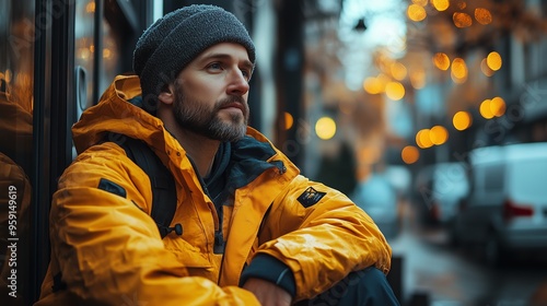 Man in a yellow jacket resting on a city street during autumn with warm lights glowing in the background